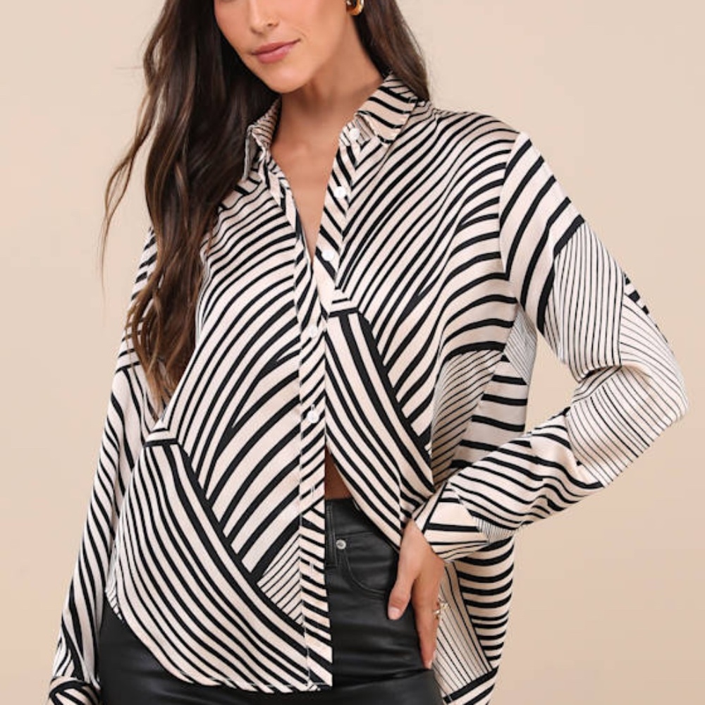 Lulus Playfully Composed Black And Cream Striped Satin Button-up Top White
